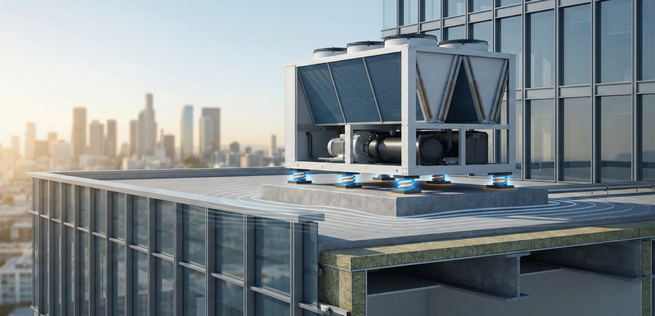 Rooftop chiller with vibration isolators installed on UAE commercial building rooftop